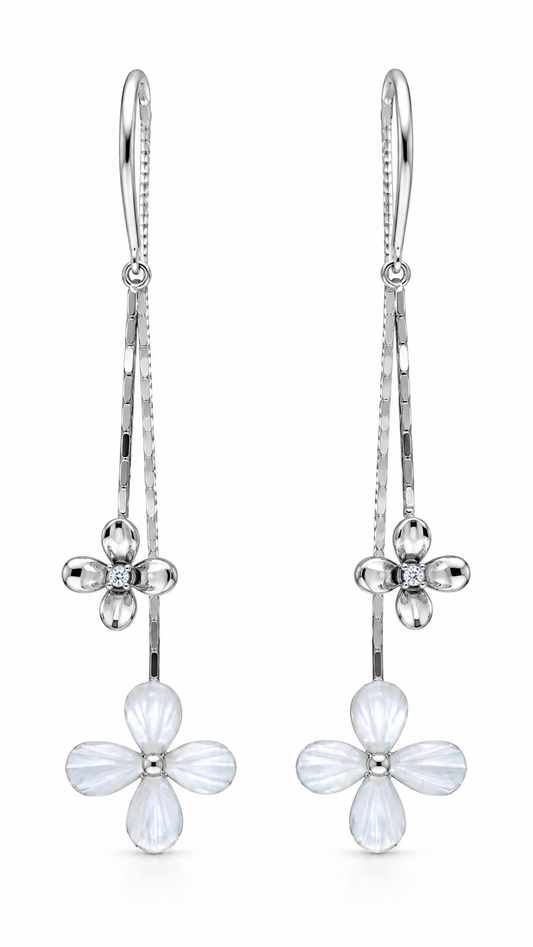 Silver Flower Long Drop Earrings