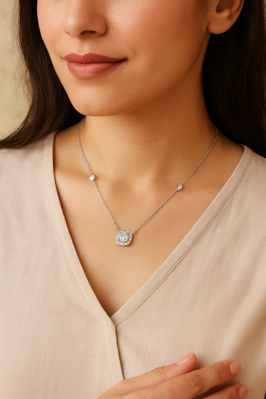925 Silver Cushion Halo Pendant Necklace for Women – Elegant CZ Diamond Chain Design