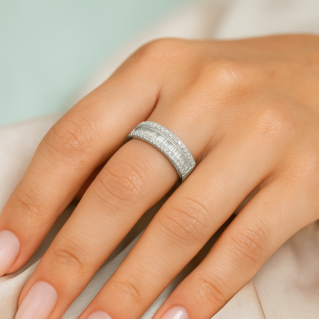 Classic Double Row Silver Band Ring with Crystal Accents