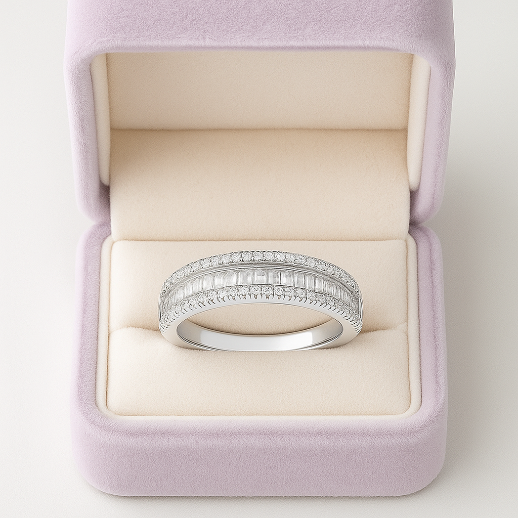 Classic Double Row Silver Band Ring with Crystal Accents