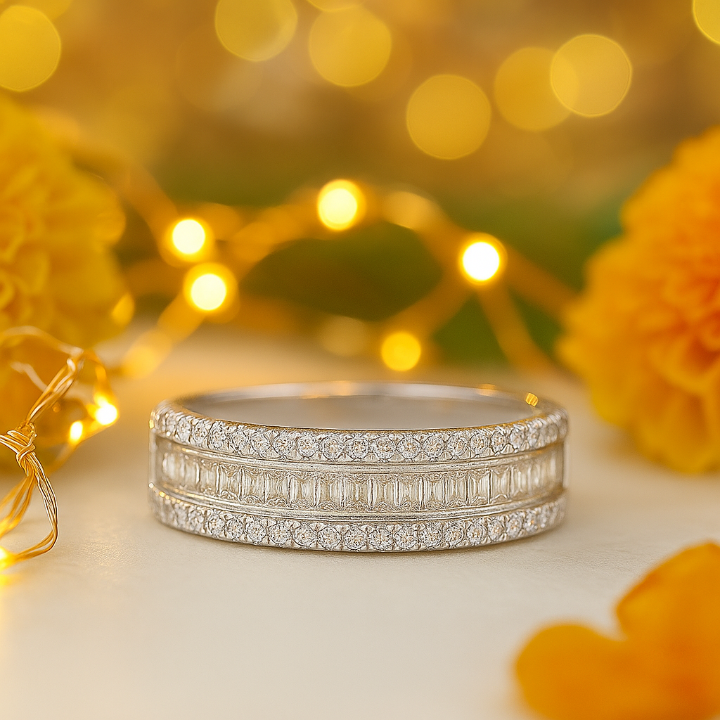 Classic Double Row Silver Band Ring with Crystal Accents