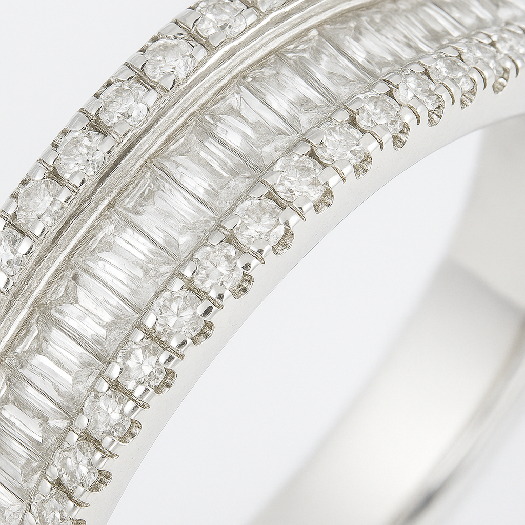 Classic Double Row Silver Band Ring with Crystal Accents