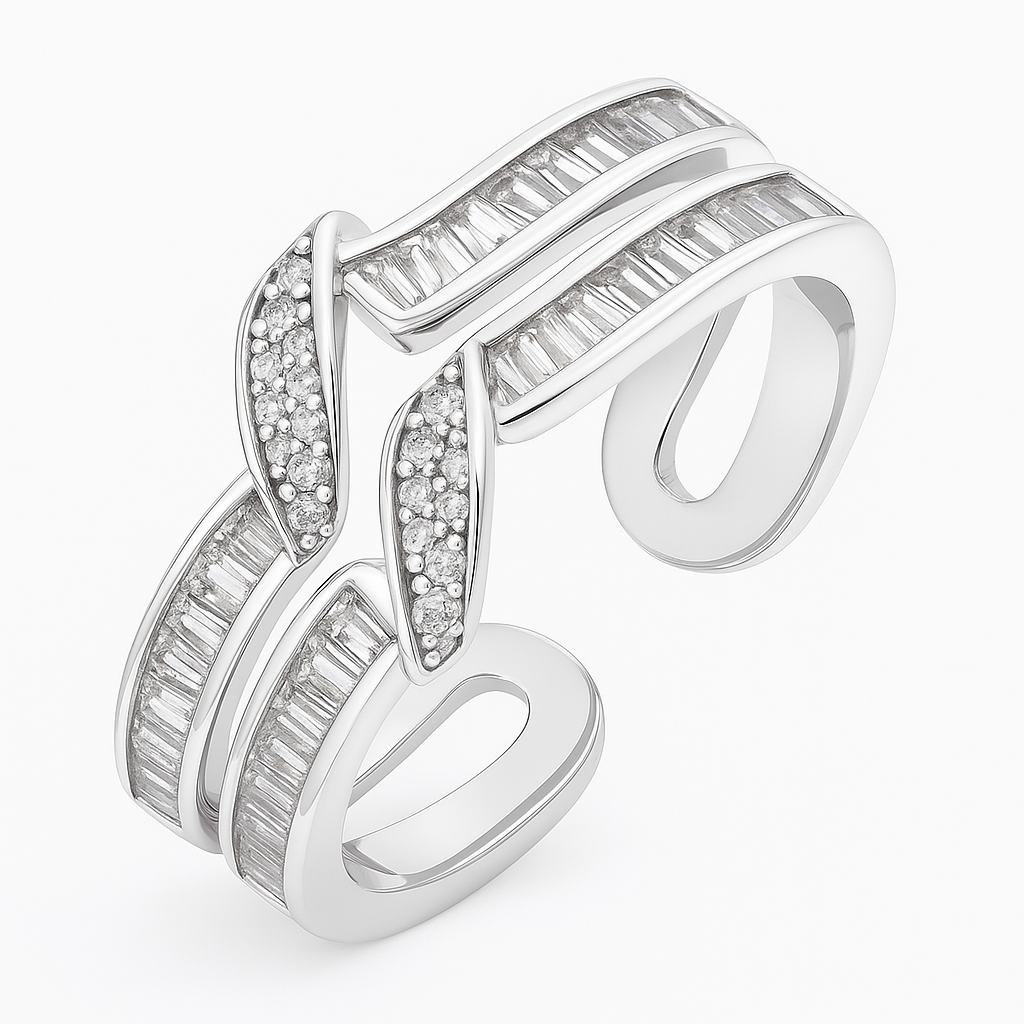 Modern Double Band Silver Ring with Crystal Accents
