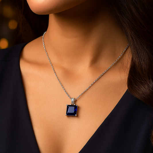 925 Silver Blue Sapphire Square Pendant Necklace for Women – Elegant CZ Accent Chain Design