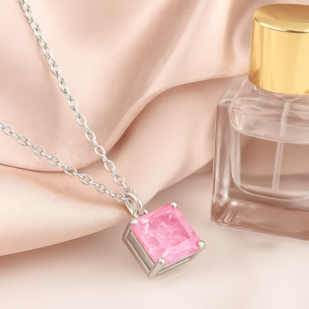925 Silver Pink Solitaire Princess-Cut Pendant Necklace for Women – Elegant Minimal Design