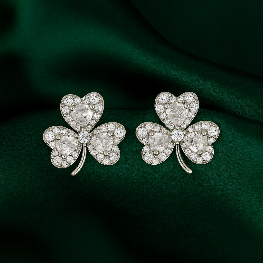 Elegant Silver Clover Stud Earrings for Women | Sparkling CZ Heart Petals | Daily Wear & Gifting Jewelry