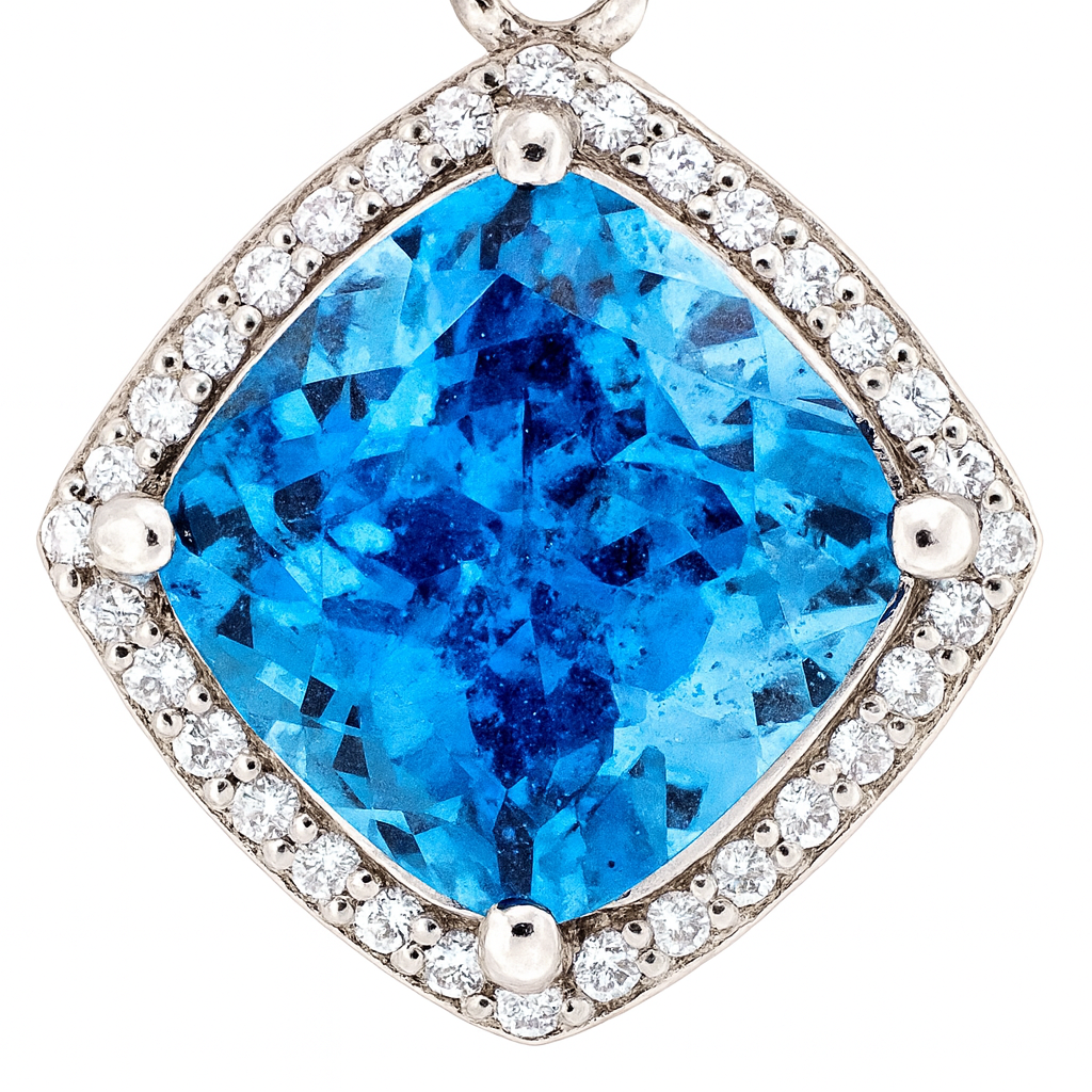 925 Silver Blue Topaz Halo Pendant Necklace for Women – Sparkling CZ Diamond Chain Design