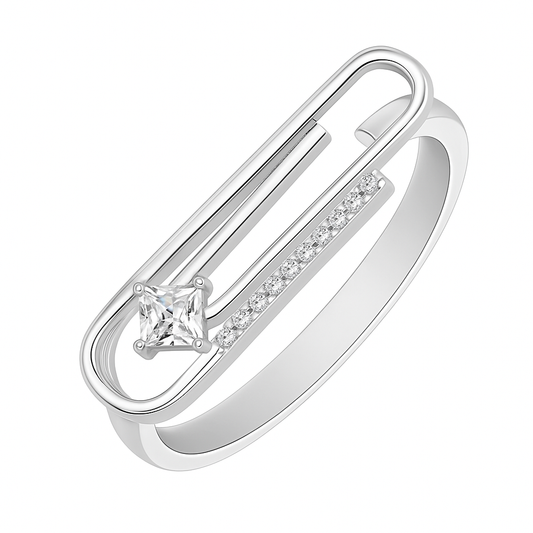 Trendy Geometric Silver Ring with Princess Cut Stone