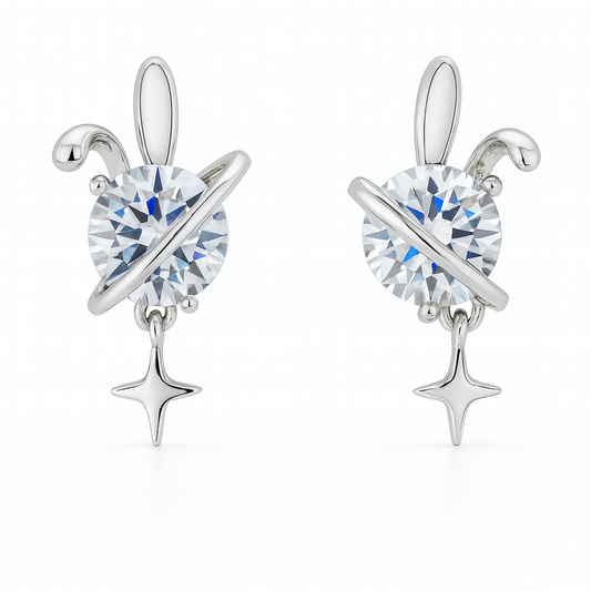 925 Silver Planet & Star CZ Stud Earrings – Cosmic Sparkle Design