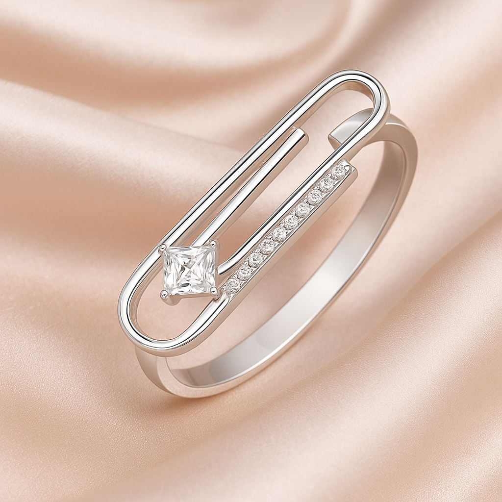 Trendy Geometric Silver Ring with Princess Cut Stone