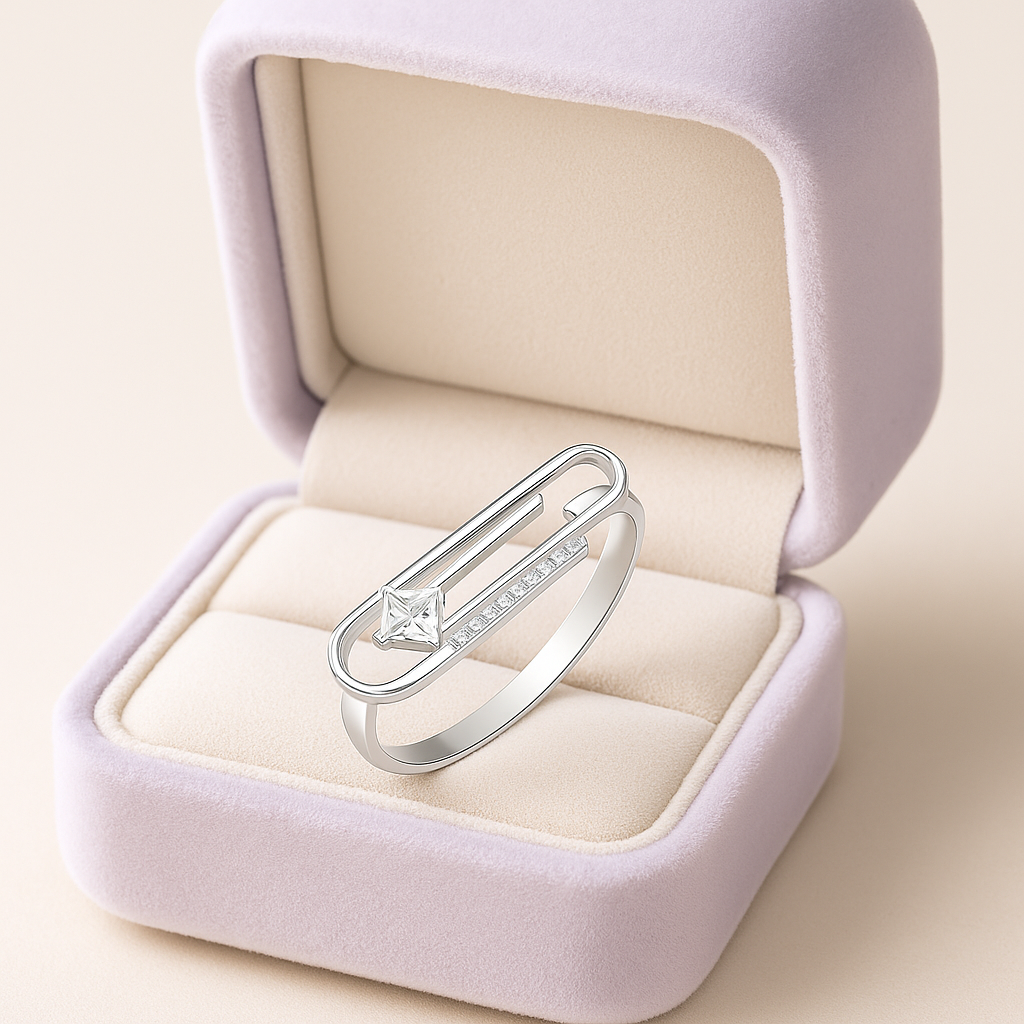 Trendy Geometric Silver Ring with Princess Cut Stone