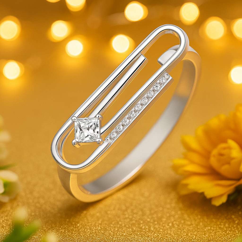 Trendy Geometric Silver Ring with Princess Cut Stone