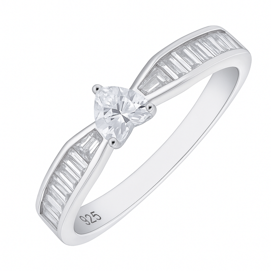 Heart Shaped Solitaire Ring with Baguette Accents