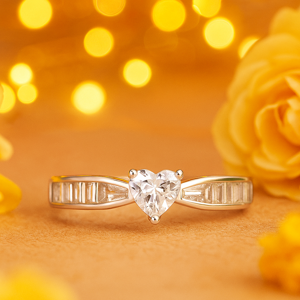 Heart Shaped Solitaire Ring with Baguette Accents