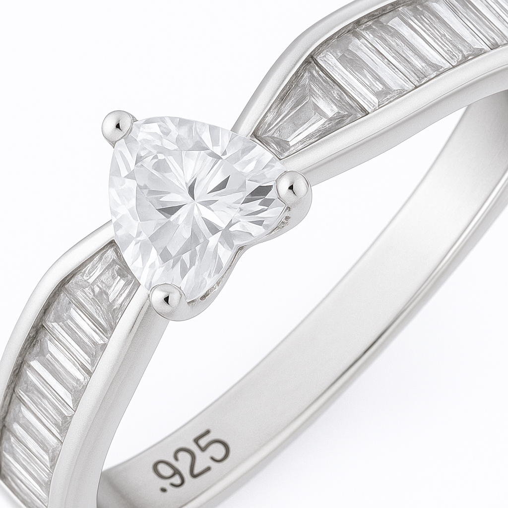 Heart Shaped Solitaire Ring with Baguette Accents