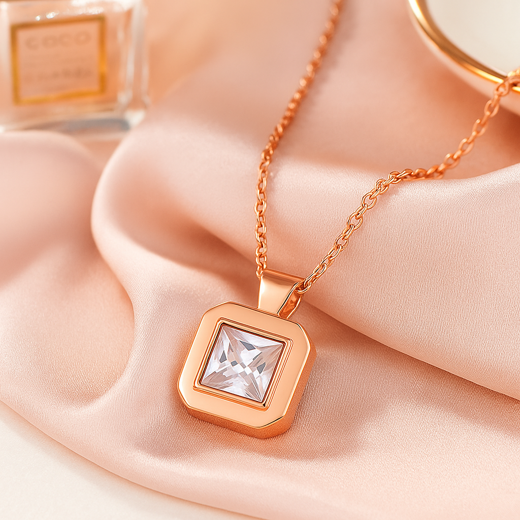 Rose Gold Plated Square Pendant Necklace for Women – Elegant Geometric Design with CZ Stone