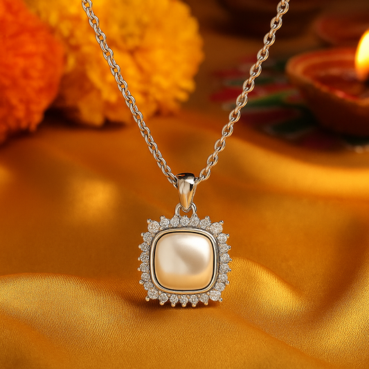 925 Silver Pearl Halo Pendant Necklace for Women – Elegant CZ Stone Border Chain Design