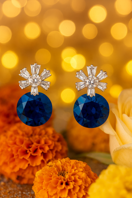Premium Blue Crystal Drop Earrings with Baguette Floral Top for Women