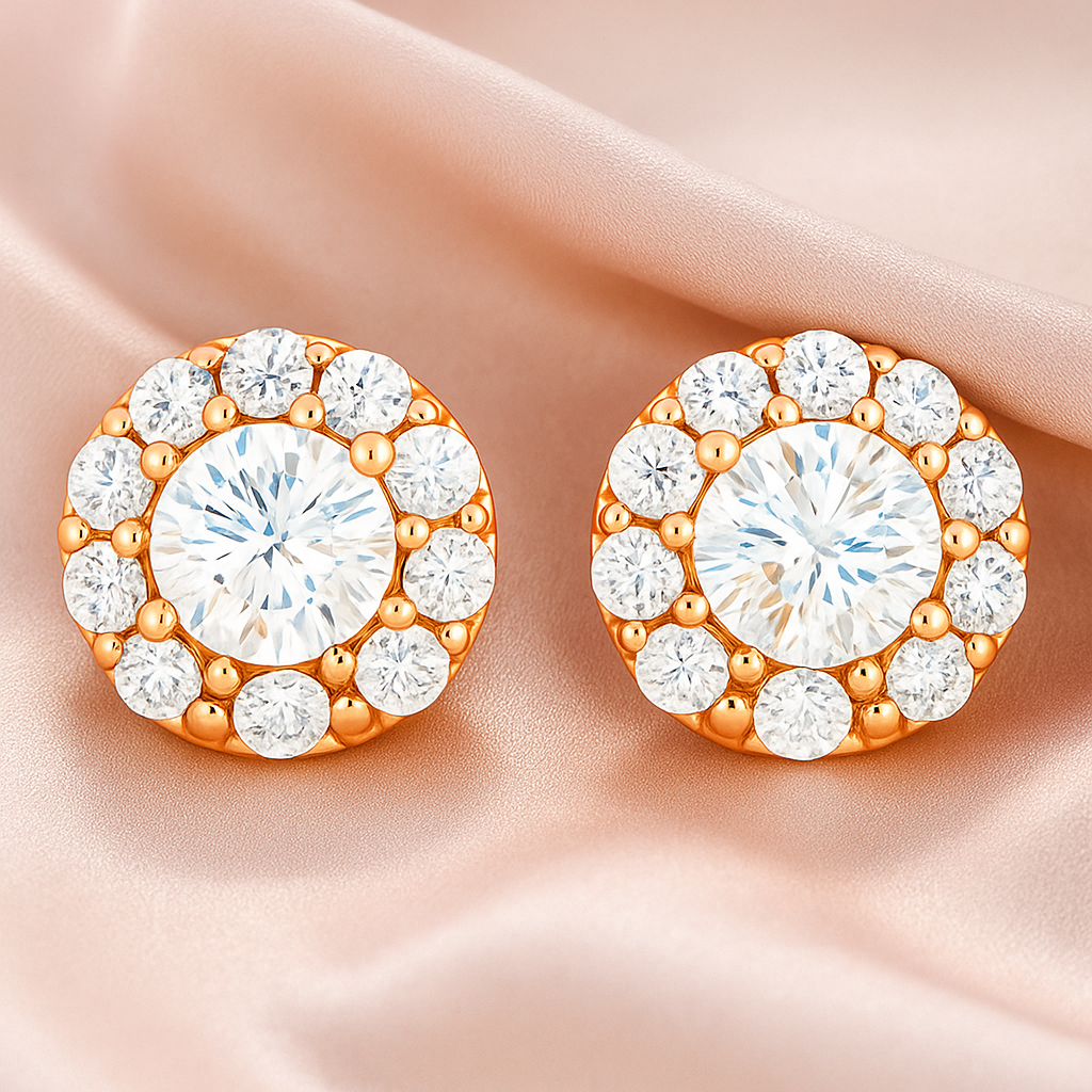 Rose Gold Halo Stud Earrings for Women | Sparkling CZ Round Cluster Design | Daily Wear & Gifting
