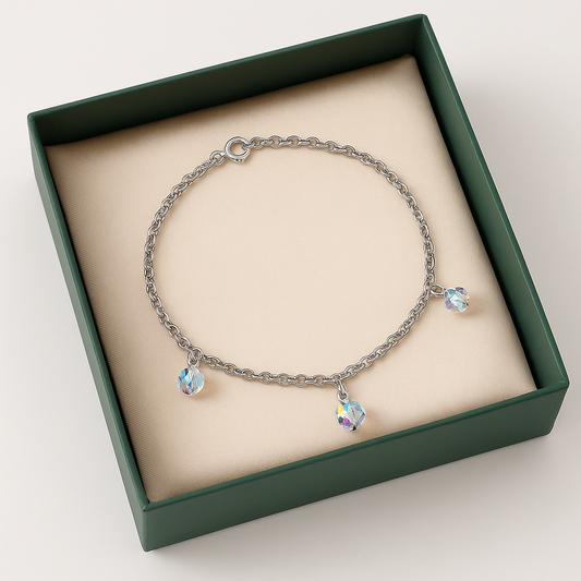 925 Silver Adjustable Chain Anklet with Crystal Bead Charms for Women