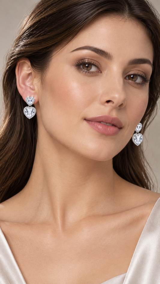 Silver Heart Halo Drop Earrings
