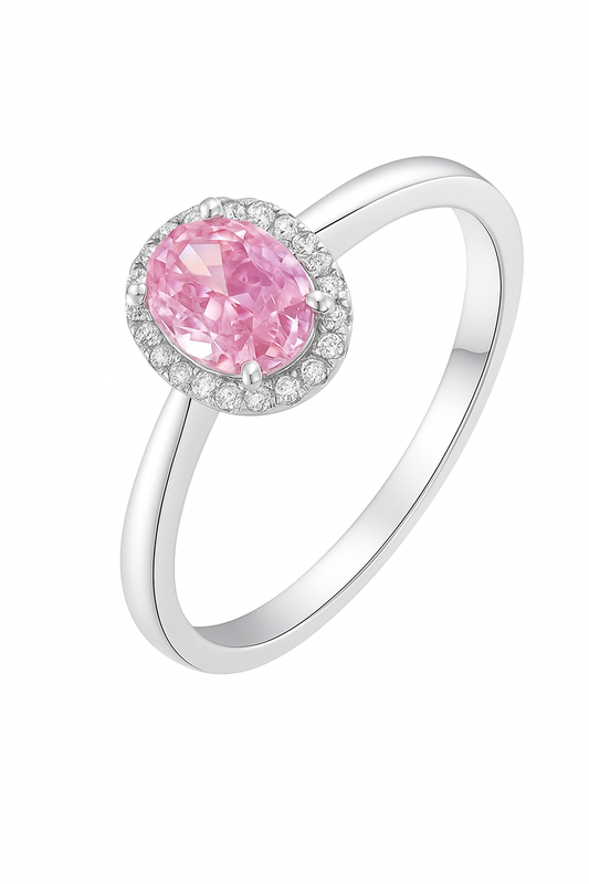 Elegant Pink Oval Halo Ring with Sparkling Accents