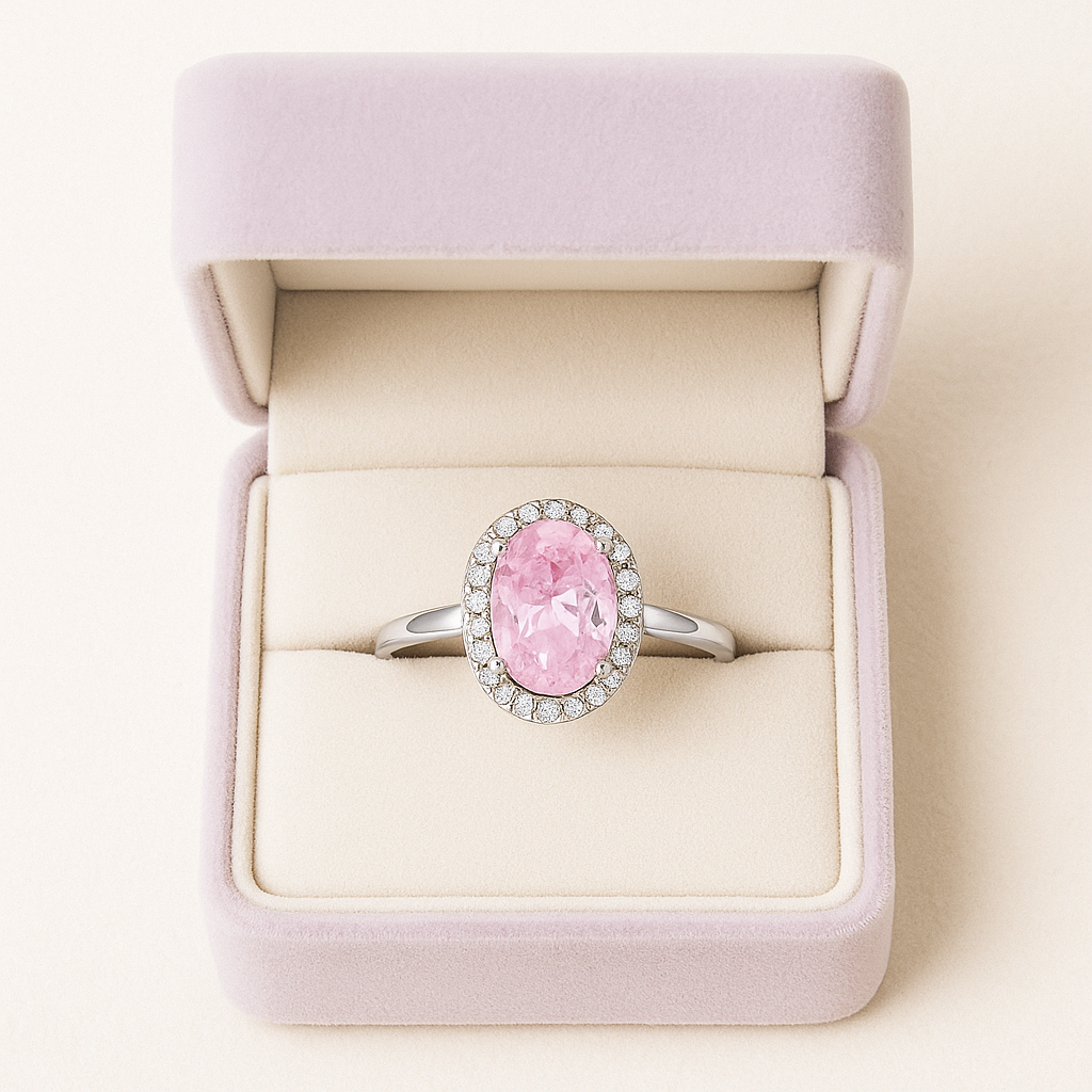 Elegant Pink Oval Halo Ring with Sparkling Accents