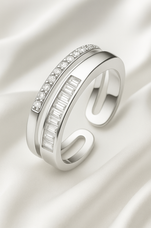 Adjustable Dual Row Zircon Ring for Women 925 Silver Finish Elegant Open Band Finger Ring
