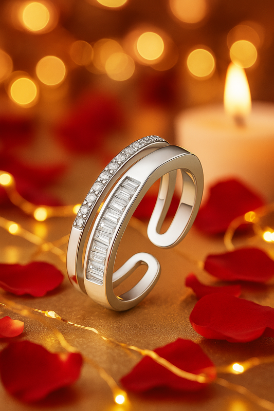 Adjustable Dual Row Zircon Ring for Women 925 Silver Finish Elegant Open Band Finger Ring
