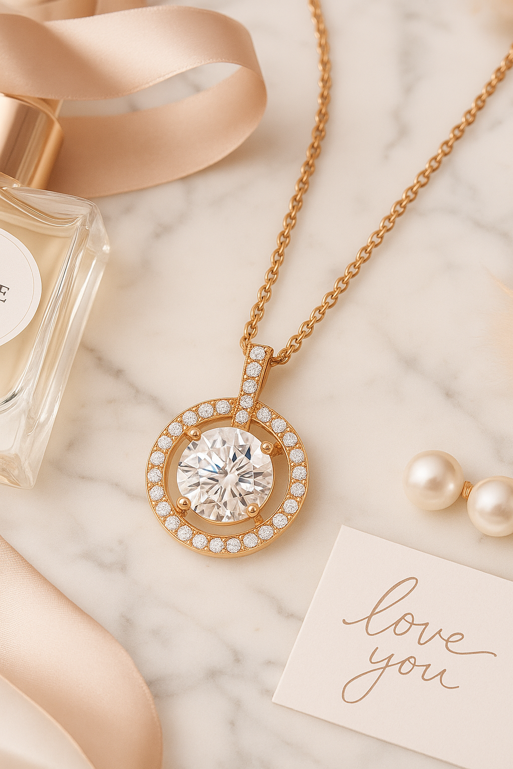 Rose Gold Plated Halo Pendant Necklace for Women – Elegant Round CZ Diamond Design