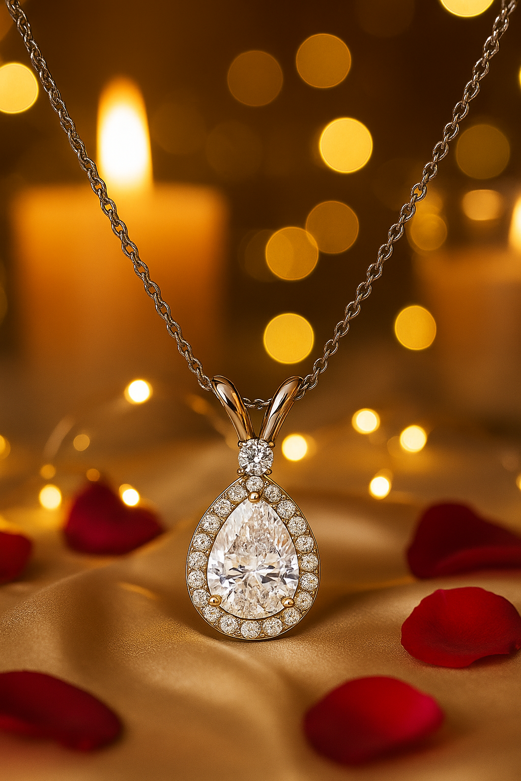 Silver Plated Teardrop Pendant Necklace for Women – Sparkling CZ Diamond Halo Design