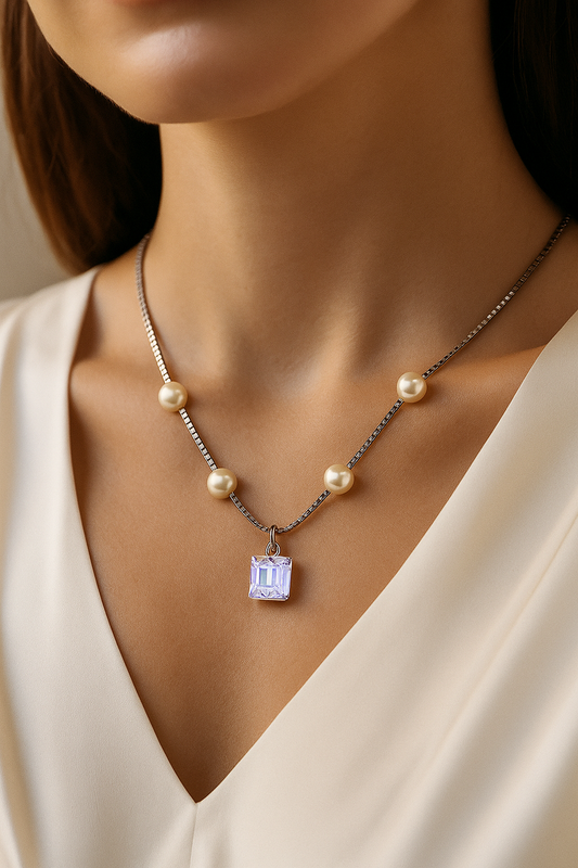 Silver Plated Pearl Chain Necklace with Crystal Pendant for Women – Elegant Party Jewelry