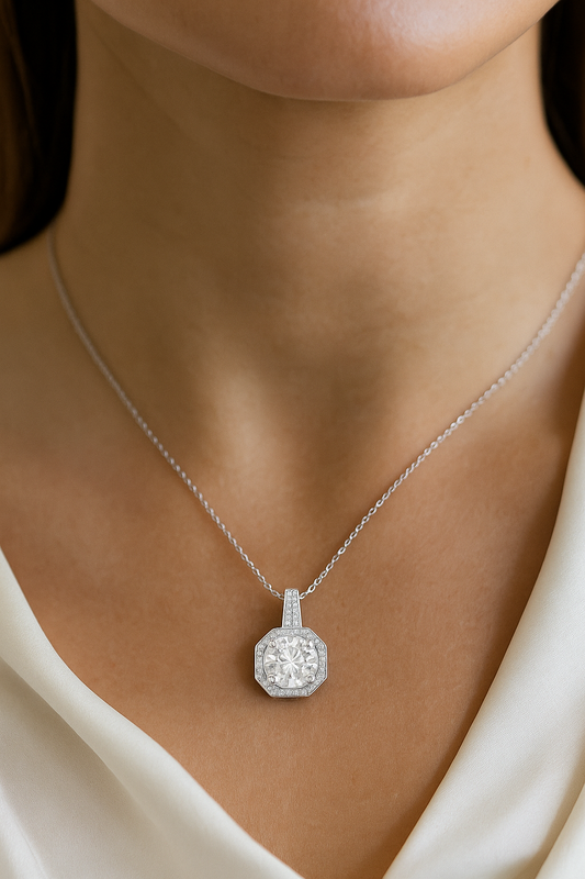 Octagon Halo Solitaire Zircon Pendant Necklace for Women 925 Silver Finish Elegant Party and Daily Wear Chain