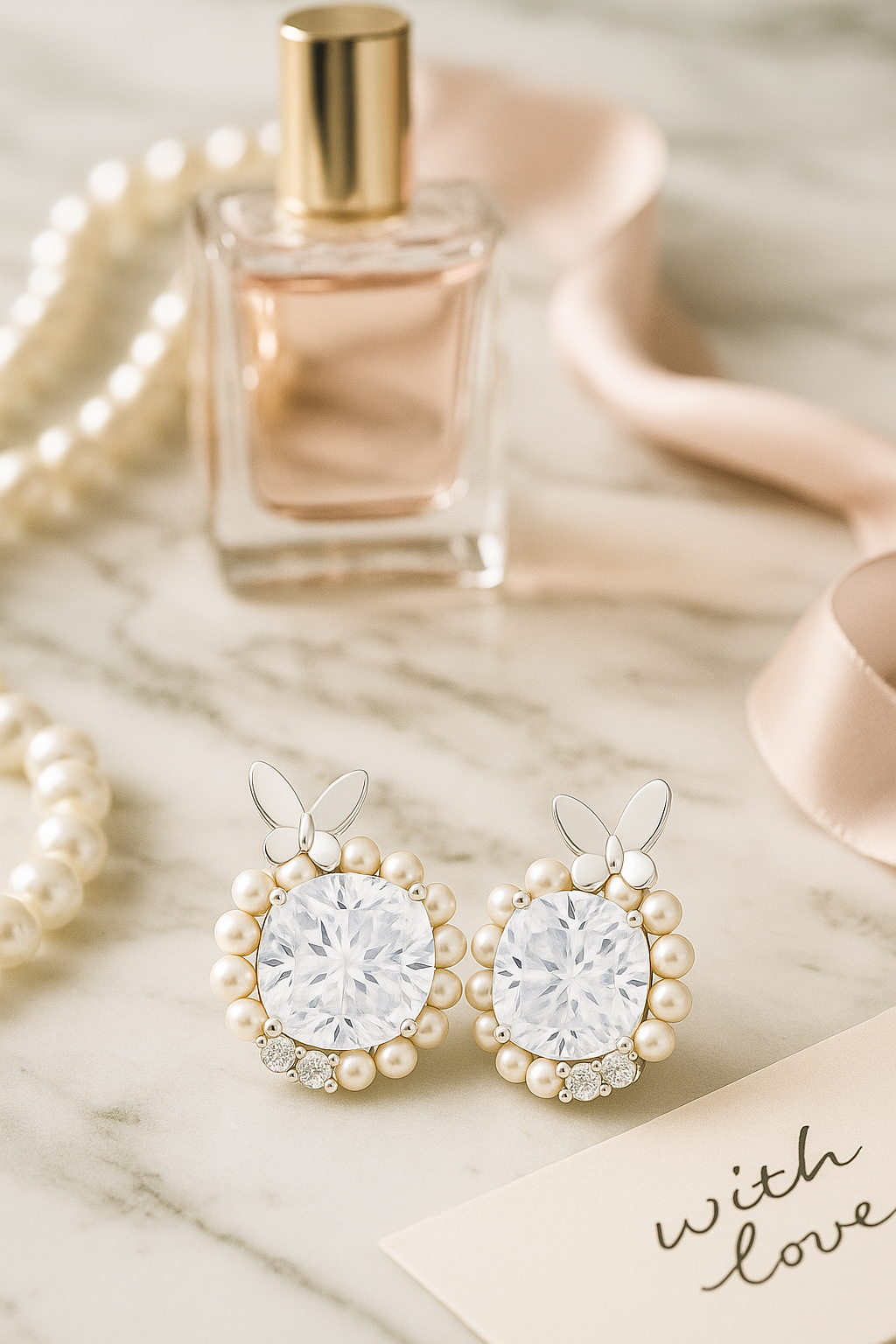 Silver Butterfly Pearl Halo Round Zircon Elegant Stud Earrings for Women