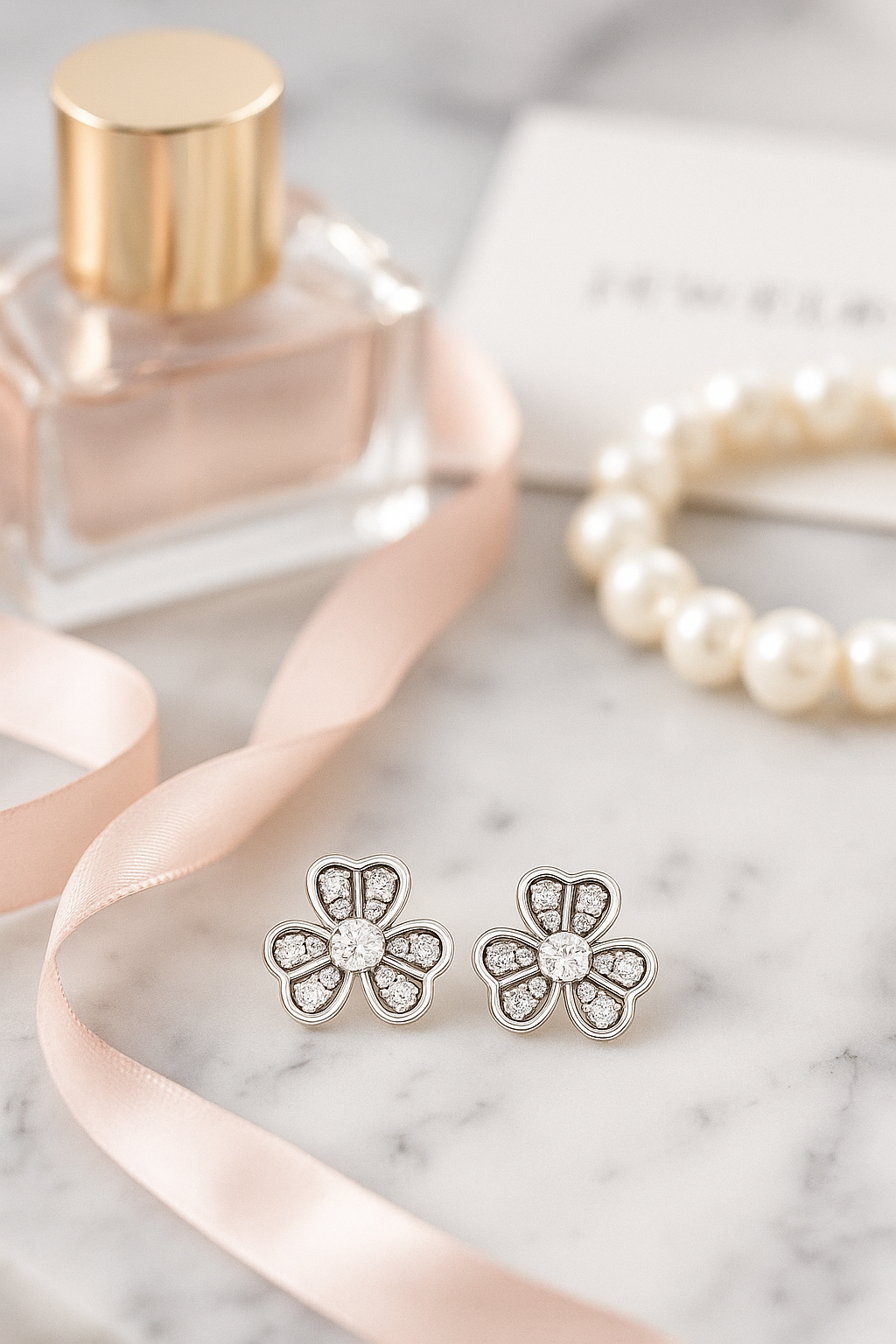 Silver Floral Clover Zircon Sparkle Elegant Stud Earrings for Women