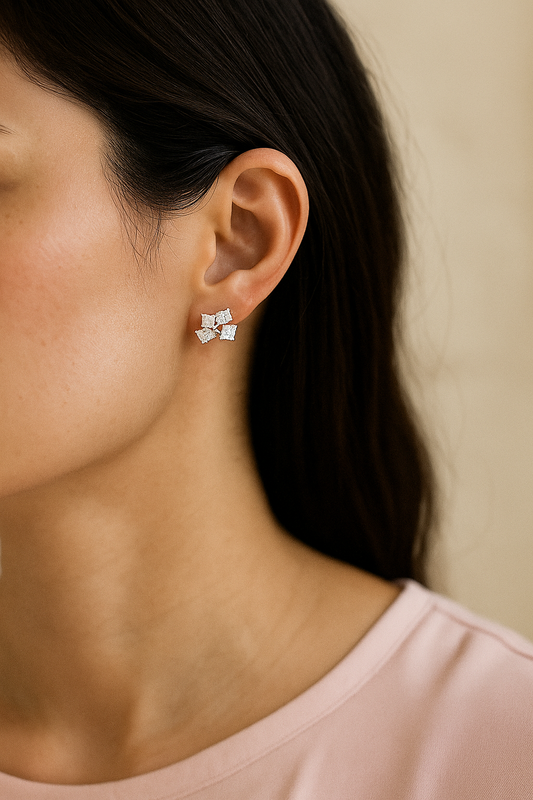 Geometric Princess Cut Zircon Cluster Elegant Stud Earrings for Women