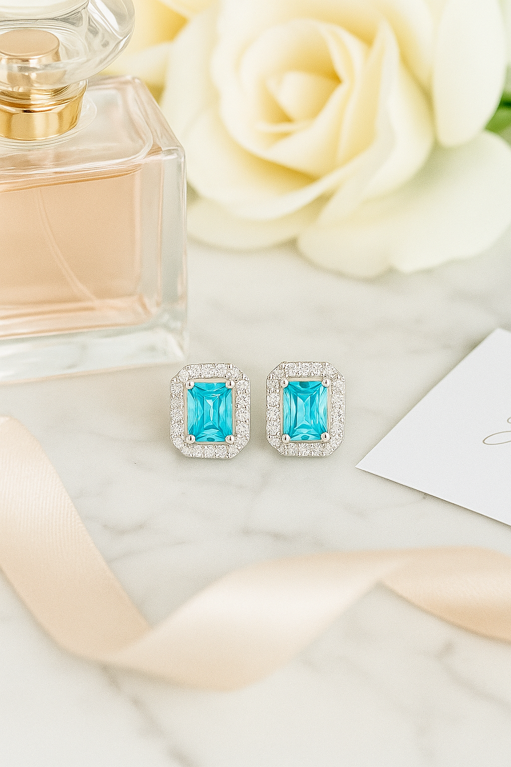 925 Silver Classic Emerald Cut Zircon Halo Stud Earrings for Women