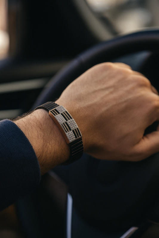 Men’s Black Elastic Bracelet with Geometric Rose Gold & Zircon Detailing
