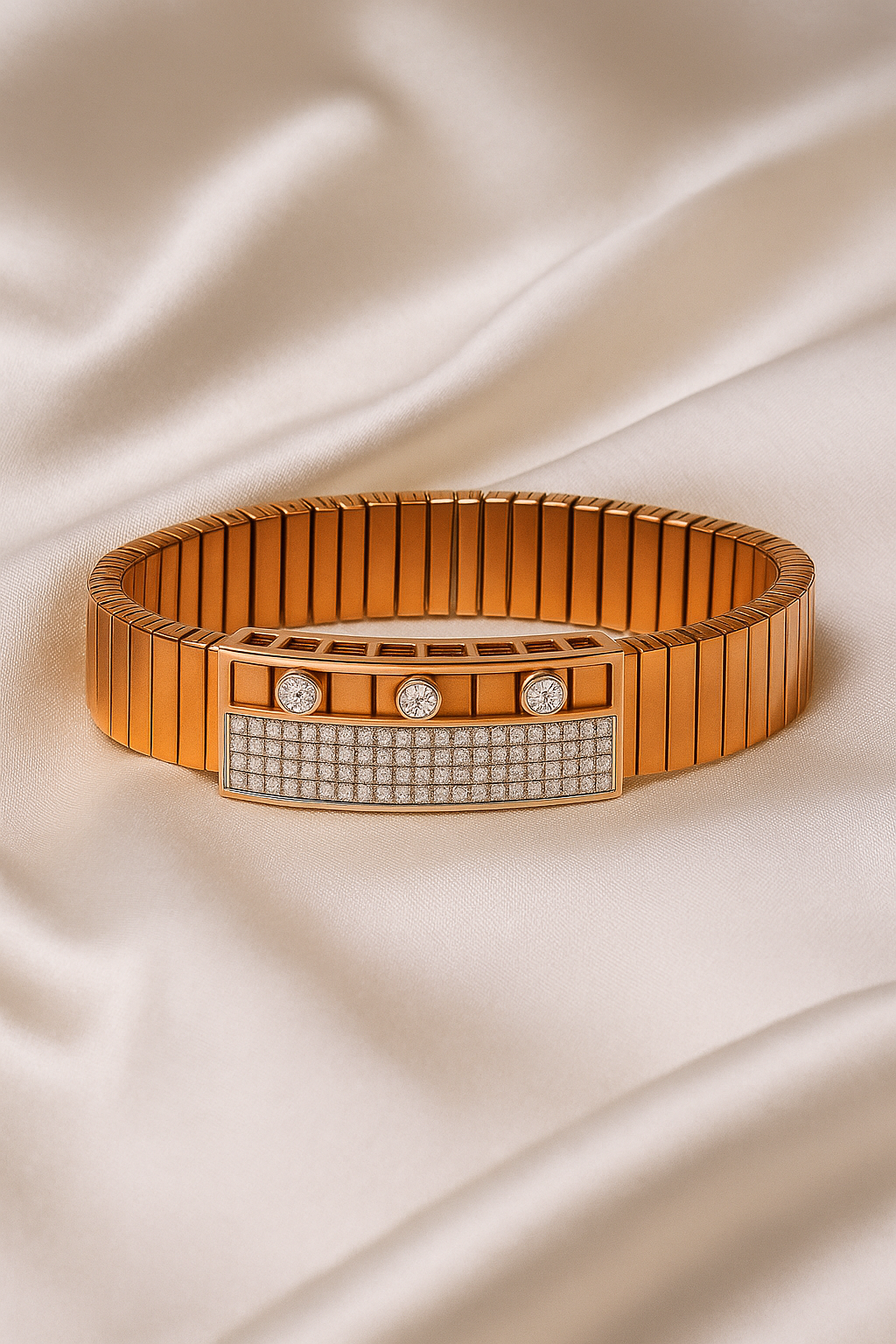 Rose Gold Stretch Men’s Bracelet with Triple CZ Accents & Micro-Pavé Plate