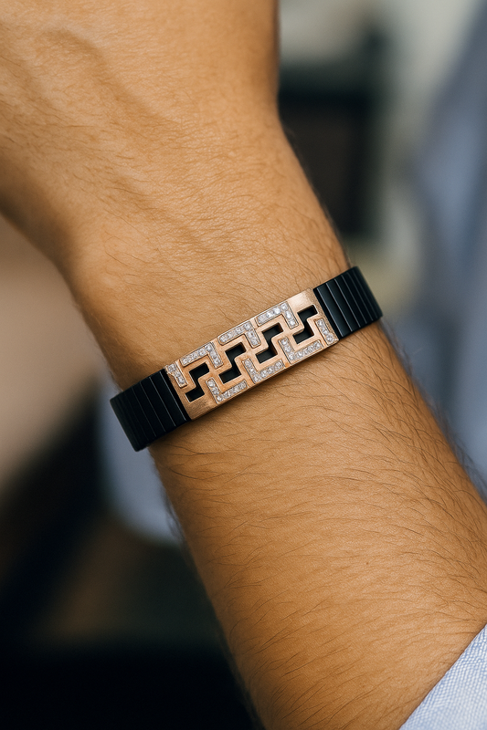Black Rose Gold Men’s Bracelet with Greek Key CZ Pattern & Stretch Design