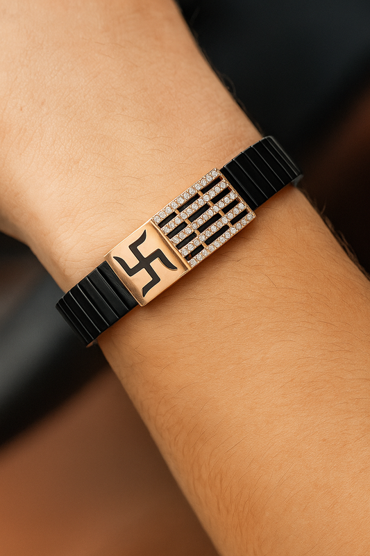Black Rose Gold Men’s Bracelet with Swastik Plate & CZ Strip Design