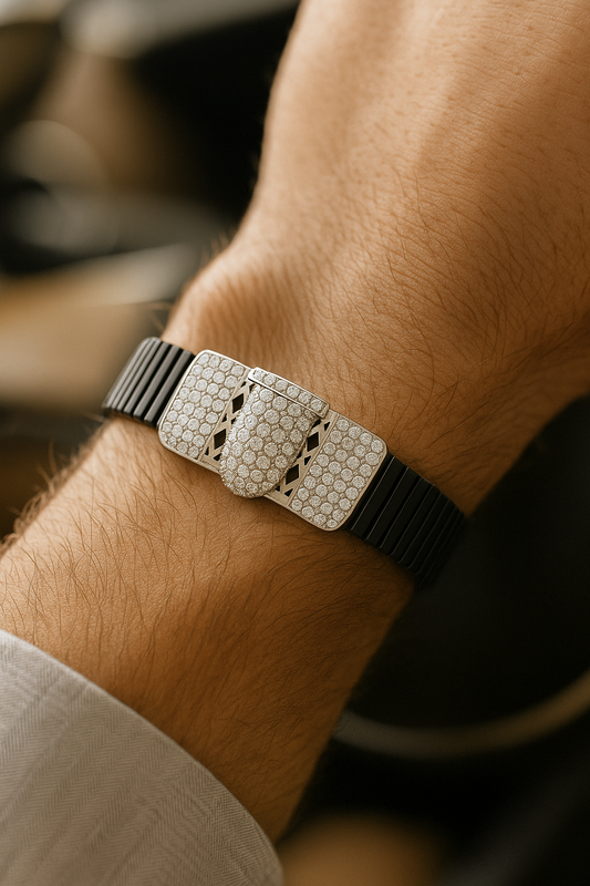 Black Silver Men’s Bracelet with Triple CZ Plate & Diamond Cut Frame