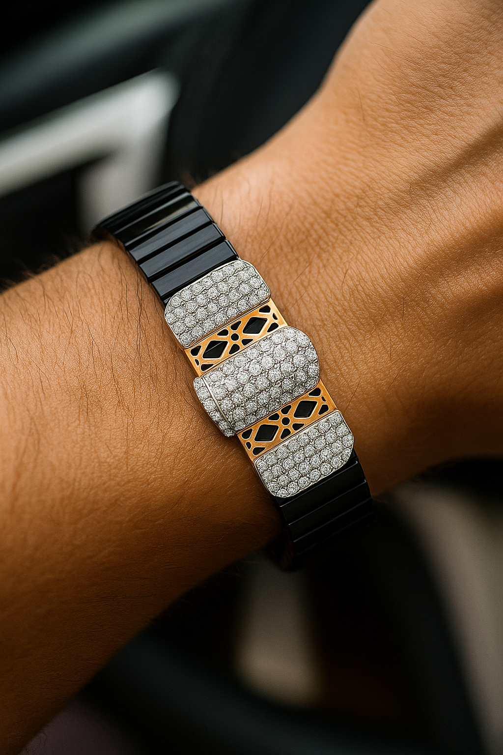 Black Silver Men’s Bracelet with Triple CZ Plate & Diamond Cut Frame