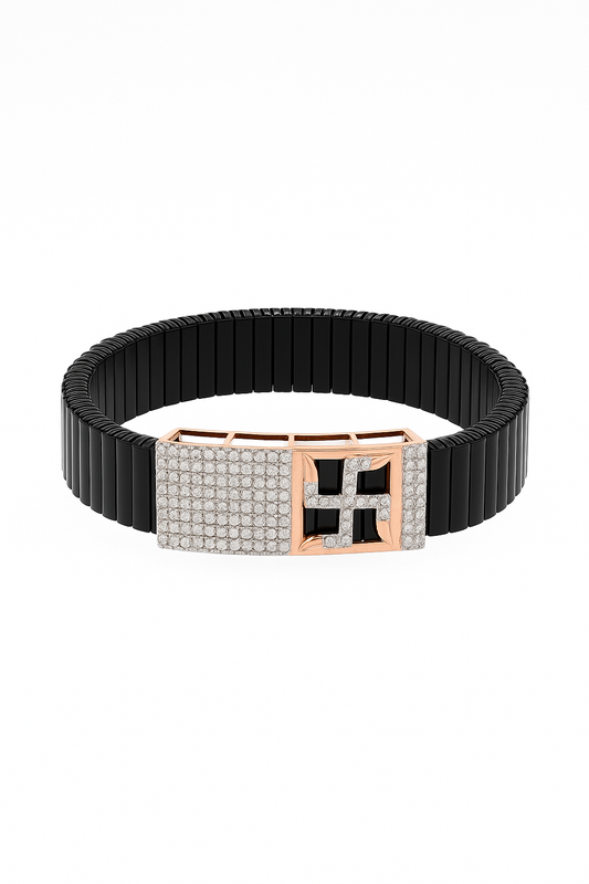 Black Rose Gold Men’s Bracelet with Swastik Plate & CZ Pavé Panel