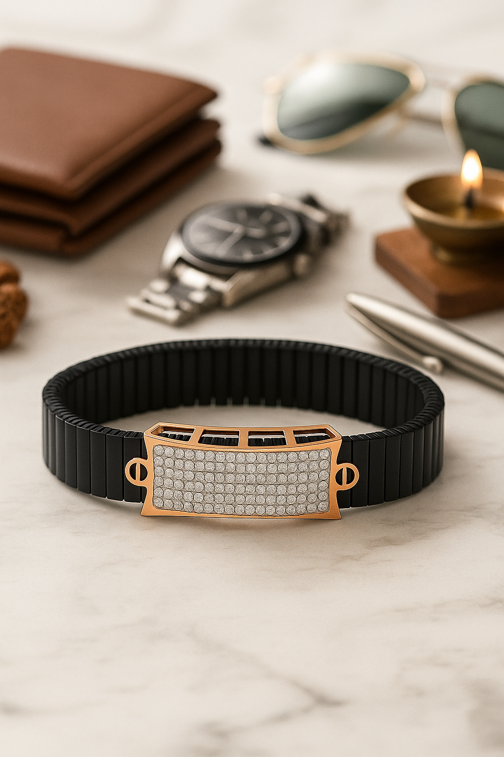 Black Rose Gold Men’s Bracelet with Full CZ Pavé Plate & Icon Ends