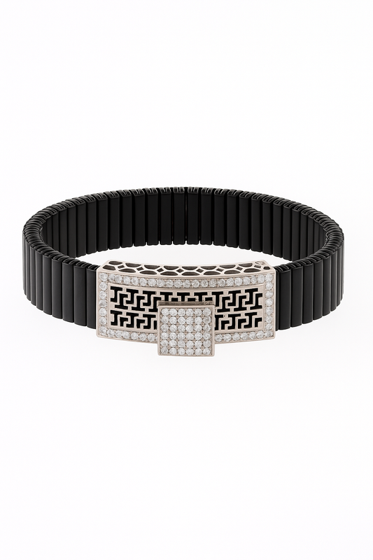 Black Silver Men’s Bracelet with Greek Key Plate & Center CZ Block