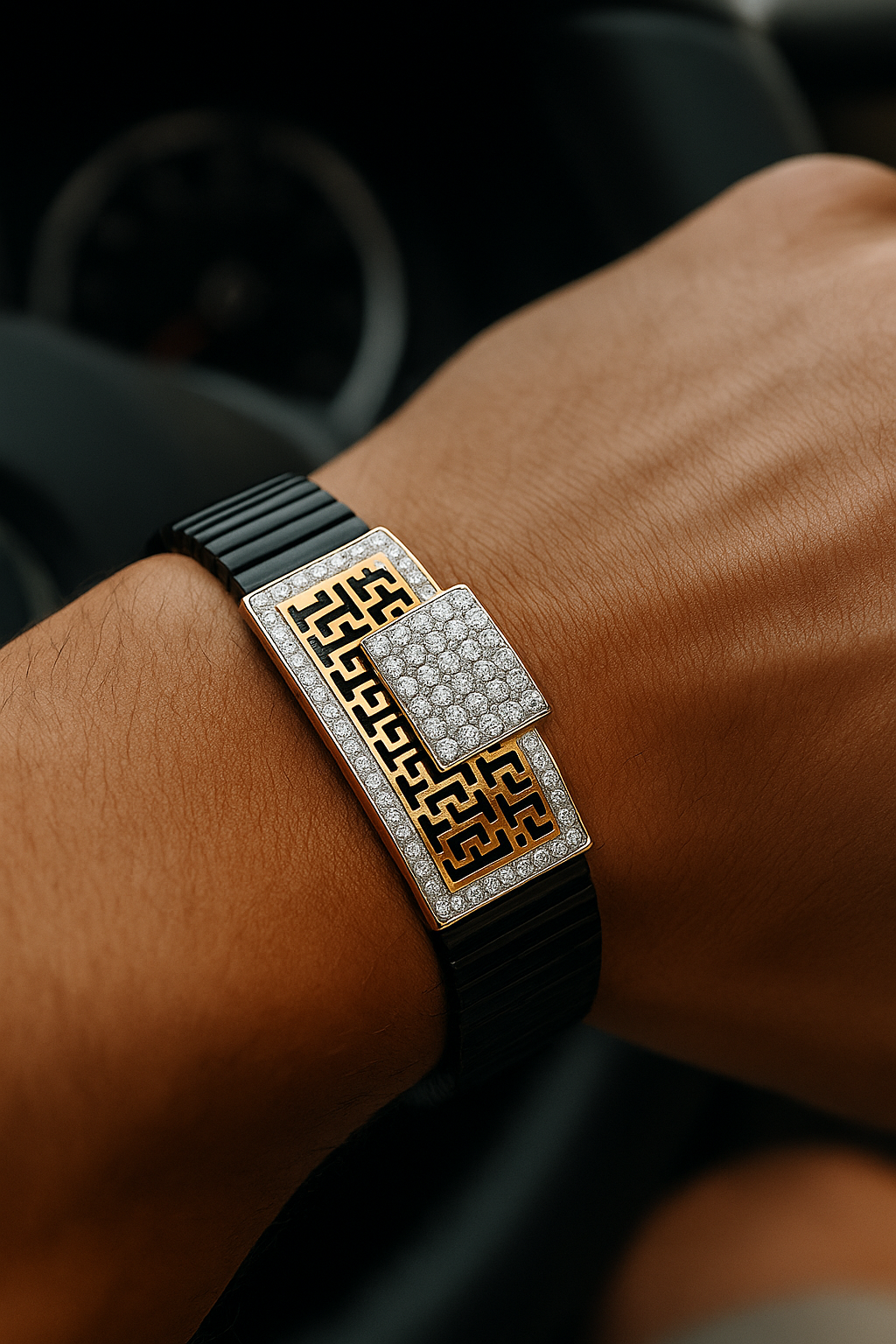 Black Silver Men’s Bracelet with Greek Key Plate & Center CZ Block