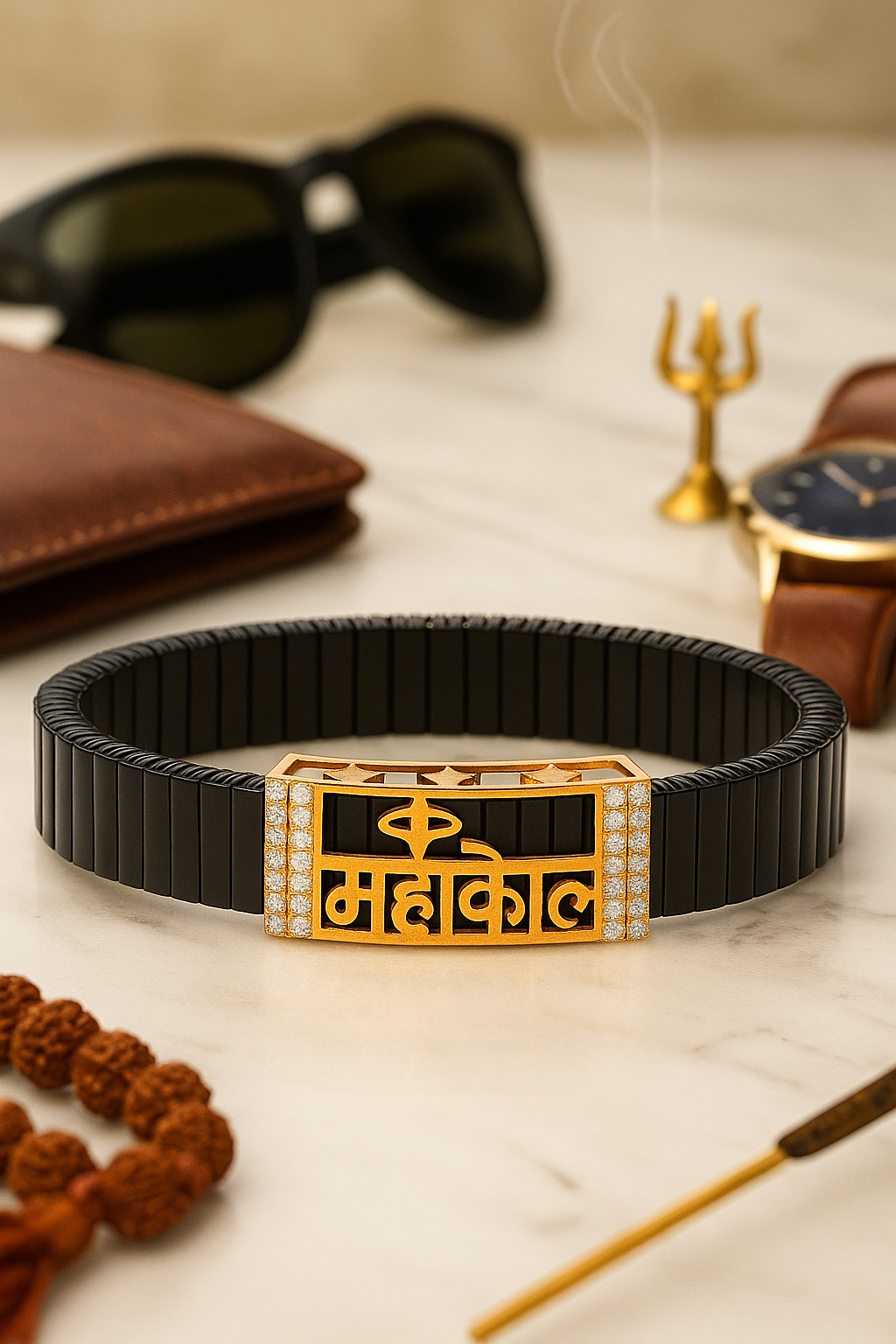 Black Rose Gold Men’s Bracelet with Mahakal Cutout Plate & CZ Side Borders