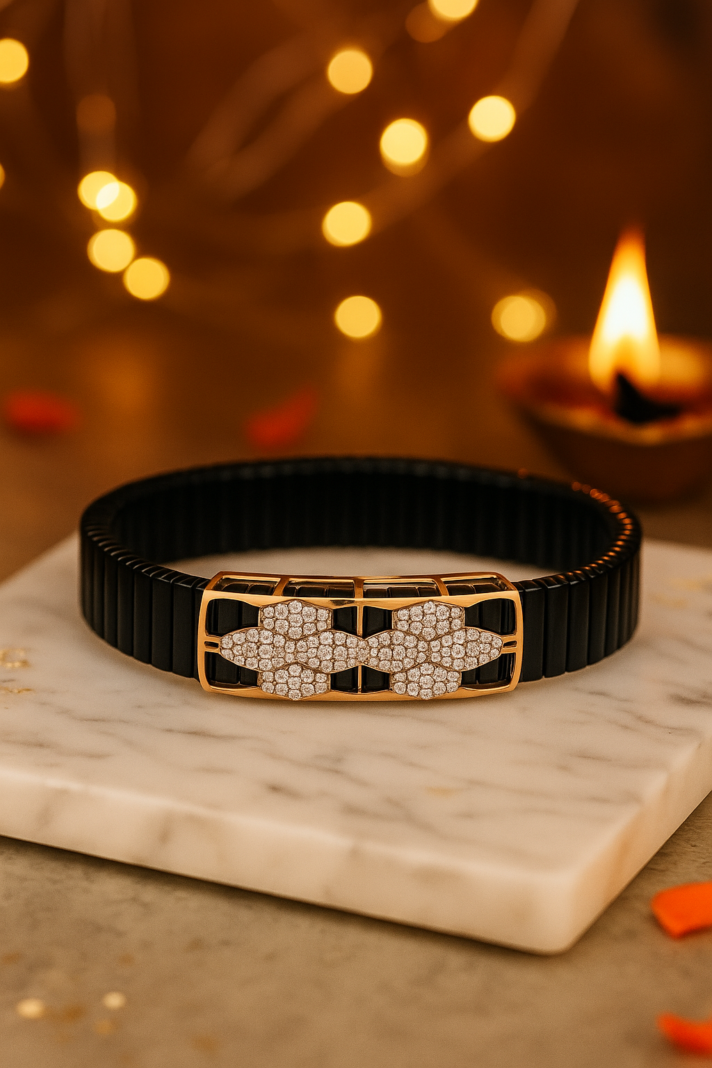 Black Rose Gold Men’s Bracelet with Cluster CZ Panel & Open Frame Design
