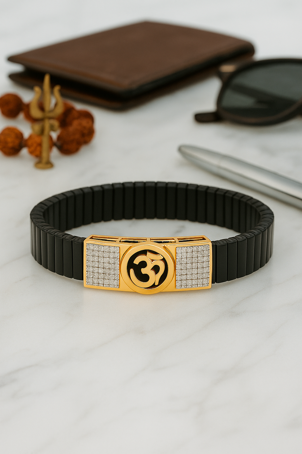 Black Rose Gold Men’s Bracelet with Om Devotional Plate & CZ Side Blocks